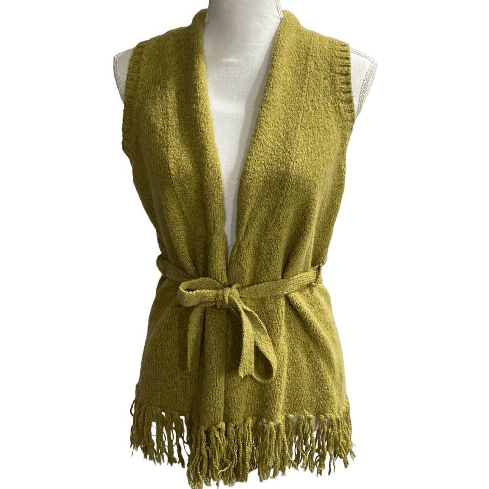 Sweater Works Olive Green Wool Blend Fringe Hem Belted Sleeveless Cardigan Sz S